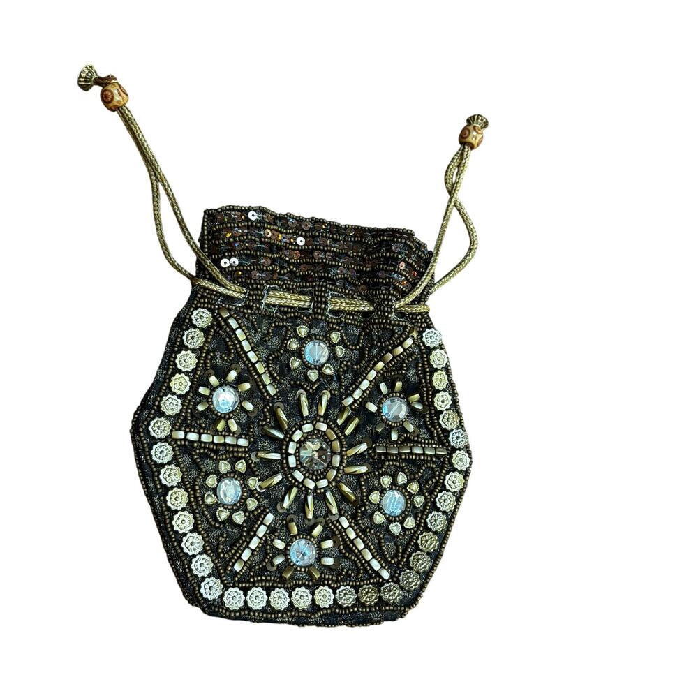 Beaded evening bag black pouch style vintage dressy purse rhinestones beads